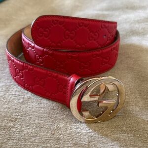 Gucci Embossed Red Leather Belt with Gold Logo Buckle
